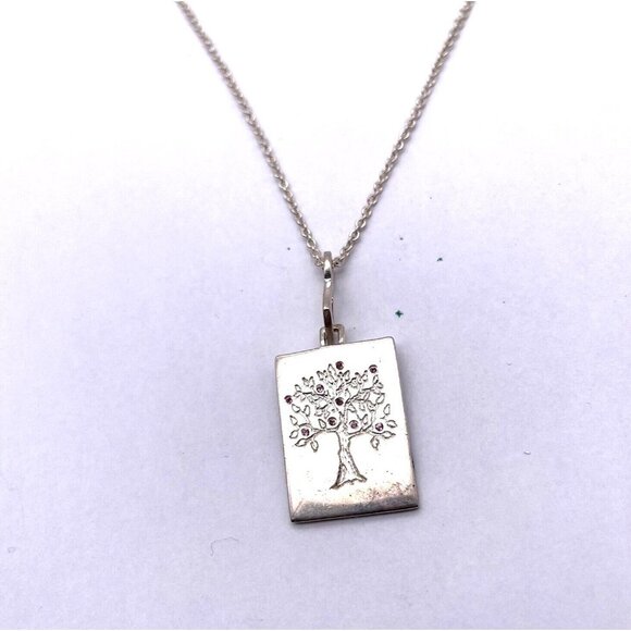 925 Sterling Silver Engraved Rhinestone Tree Rectangle Pendant Chain Necklace 17 - Picture 3 of 4